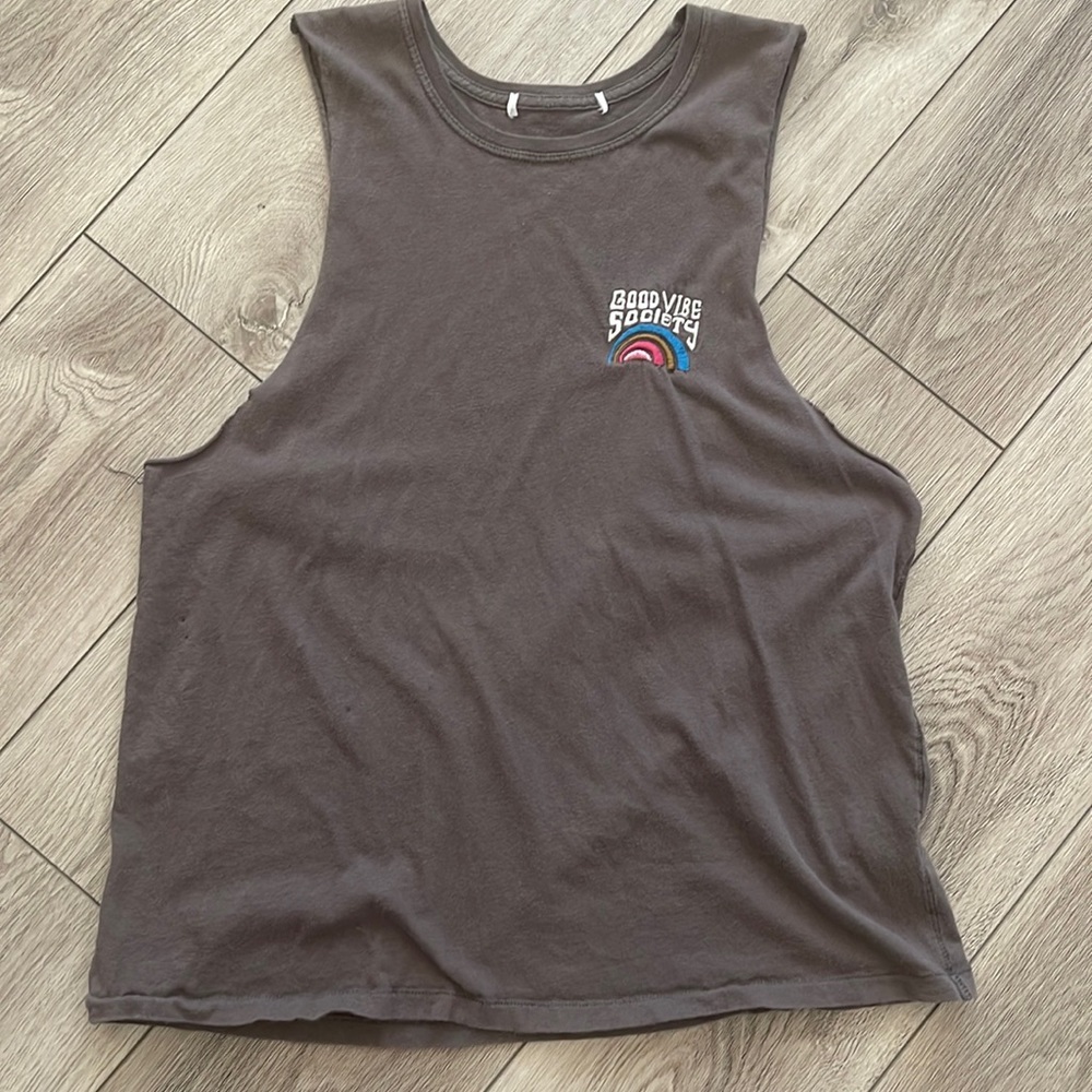 Free People Muscle Tank Good Vibes raw hem Gray brown rainbow distressed large